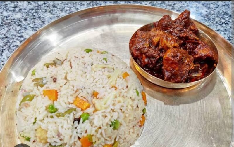 Bengali Style spicy semi dry chicken curry with veg pulav