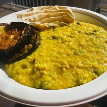 Daal Khichdi with papad and baingan bhaja
